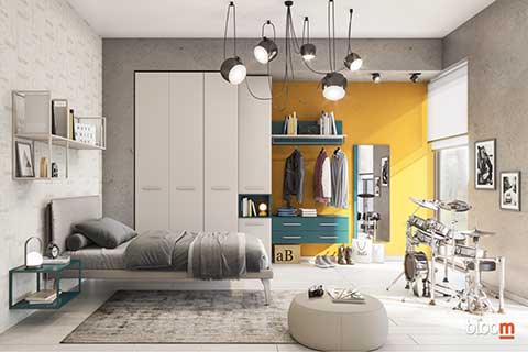 Armadio battente con letto a terra e specchio