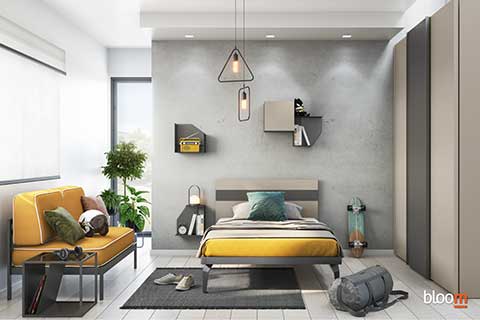 Armadio scorrevole con letto a terra, scrivania e divano